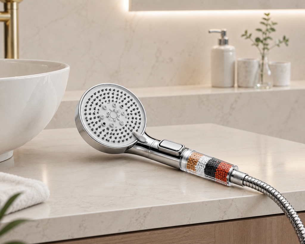 Pommeau de douche à 5 modes avec bouton stop, fonction massage